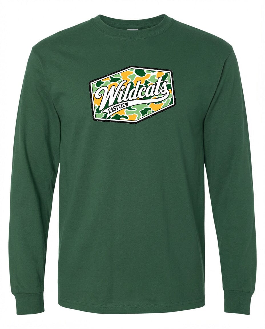 A long-sleeved green t-shirt with a graphic design featuring the text "Wildcats Eastview" and a camouflage pattern.