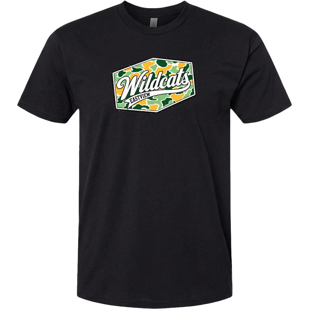 A black t-shirt with a graphic design featuring the word "Wildcats" in a stylized font, surrounded by a camouflage pattern.