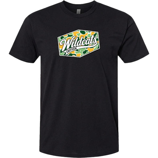 A black t-shirt with a graphic design featuring the word "Wildcats" in a stylized font, surrounded by a camouflage pattern.