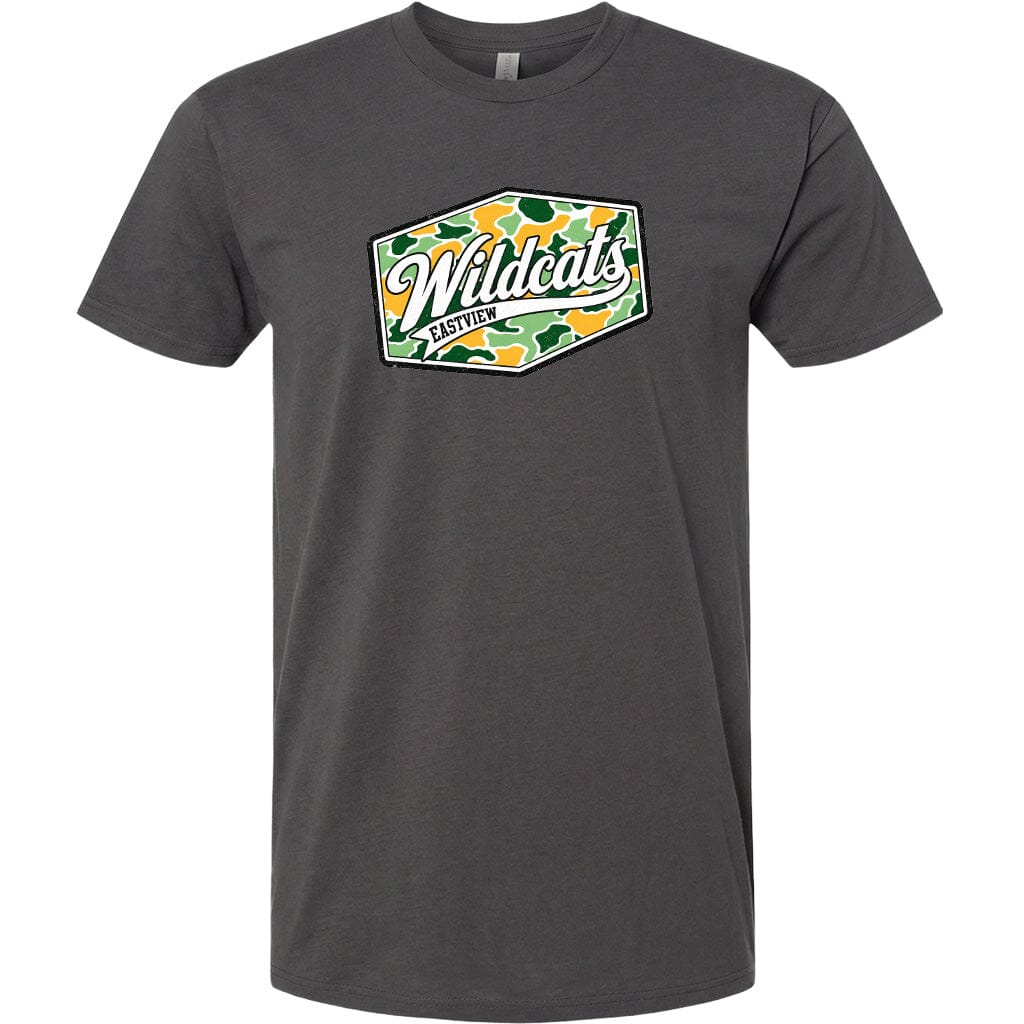 A gray t-shirt with a graphic design featuring the word "Wildcats" in a stylized font, surrounded by a camouflage pattern.