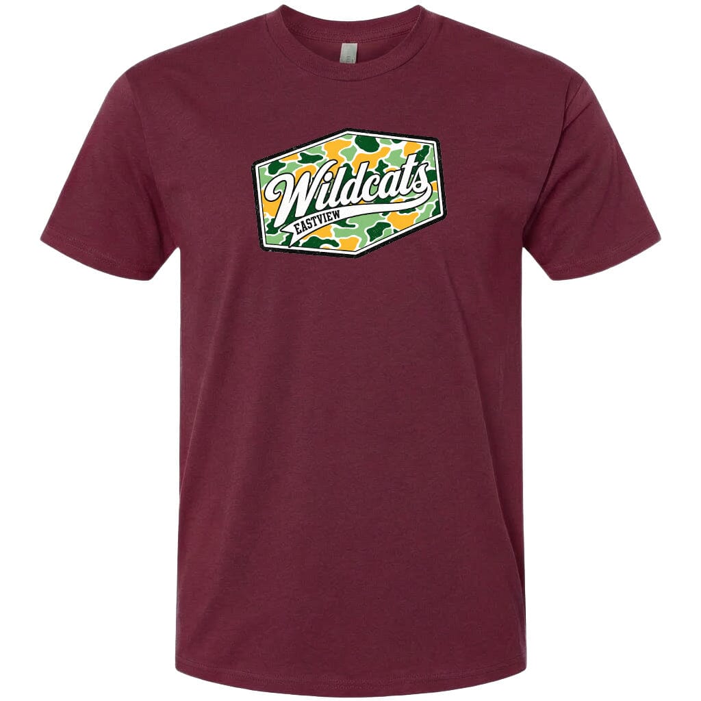 A burgundy-colored t-shirt with a graphic design featuring the word "Wildcats" in a stylized font.