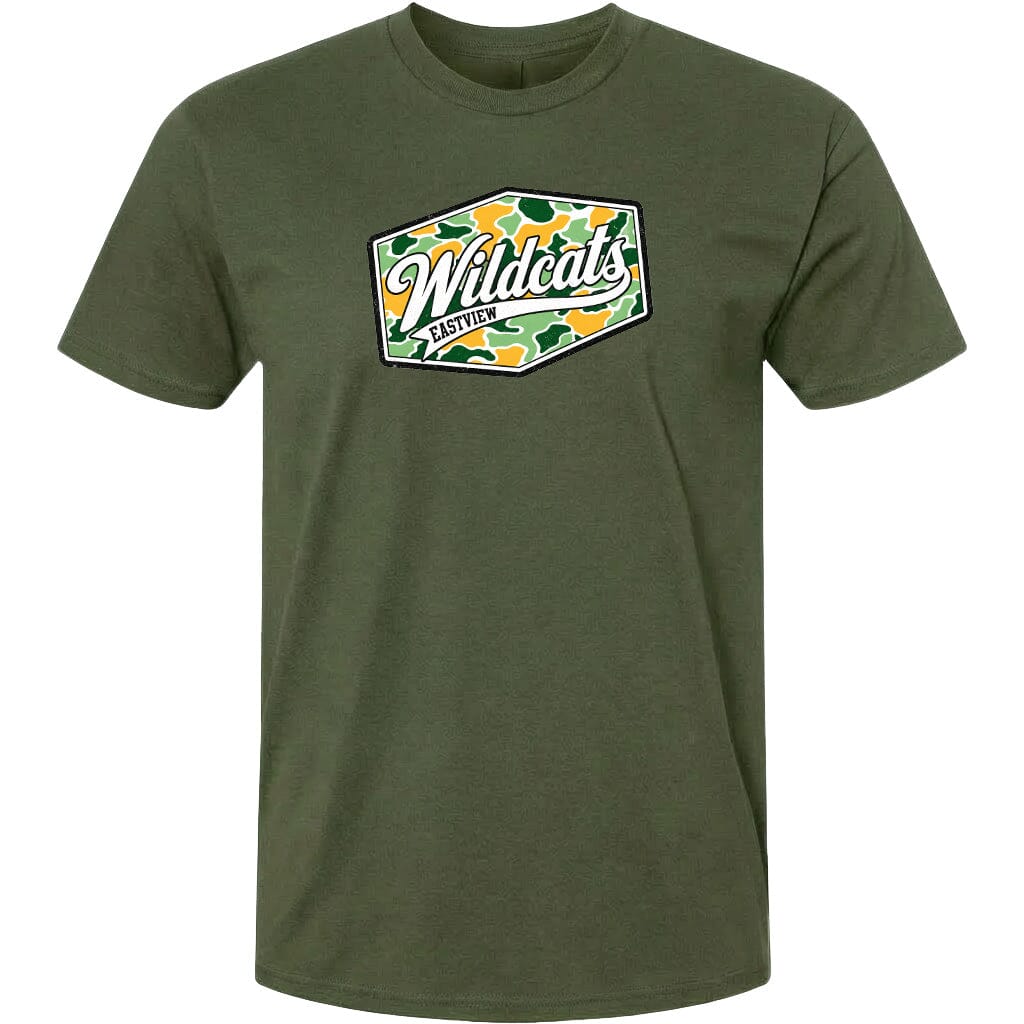 A green t-shirt with a graphic design featuring the word "Wildcats" in a stylized font.
