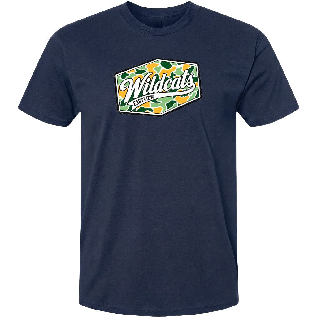 A navy blue t-shirt with a graphic design featuring the word "Wildcats" in a stylized font, surrounded by a camouflage pattern.