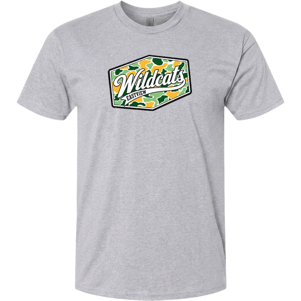 A gray t-shirt with a graphic design featuring the word "Wildcats" in a stylized font, surrounded by a camouflage pattern.