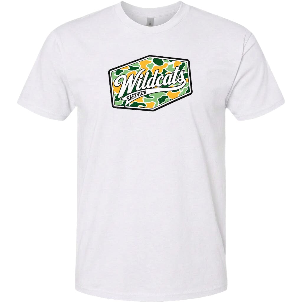 A white t-shirt with a graphic design featuring the word "Wildcats" in a stylized font, surrounded by a camouflage pattern.