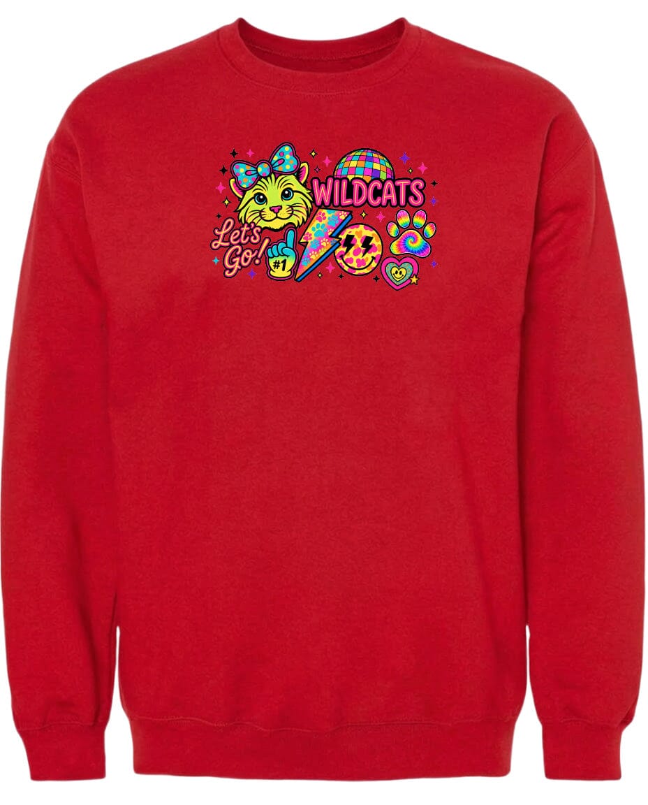 A red sweatshirt with a colorful graphic design featuring a cat, a surfboard, and various other elements.
