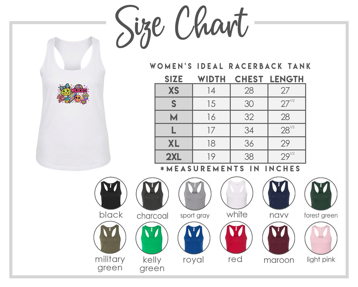 The image is a size chart for a women's ideal racerback tank, including a white tank with a colorful graphic and a table with size and chest length measurements.