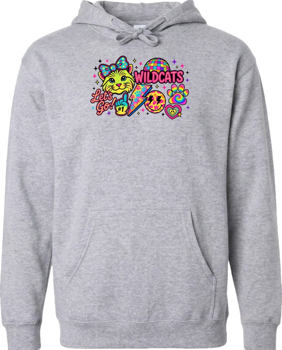 A gray hoodie with a colorful graphic design featuring a cartoon cat, a rainbow, and various other whimsical elements.