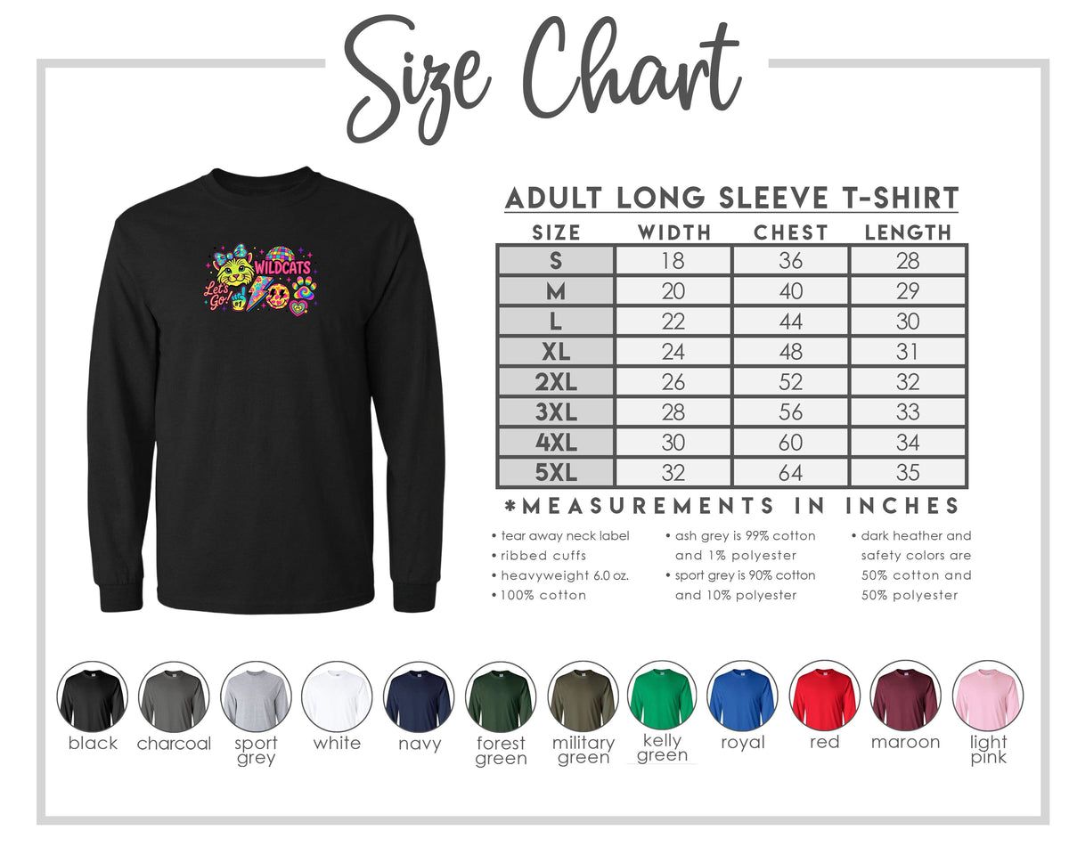The image is a size chart for an adult long sleeve t-shirt, providing measurements and corresponding shirt colors.