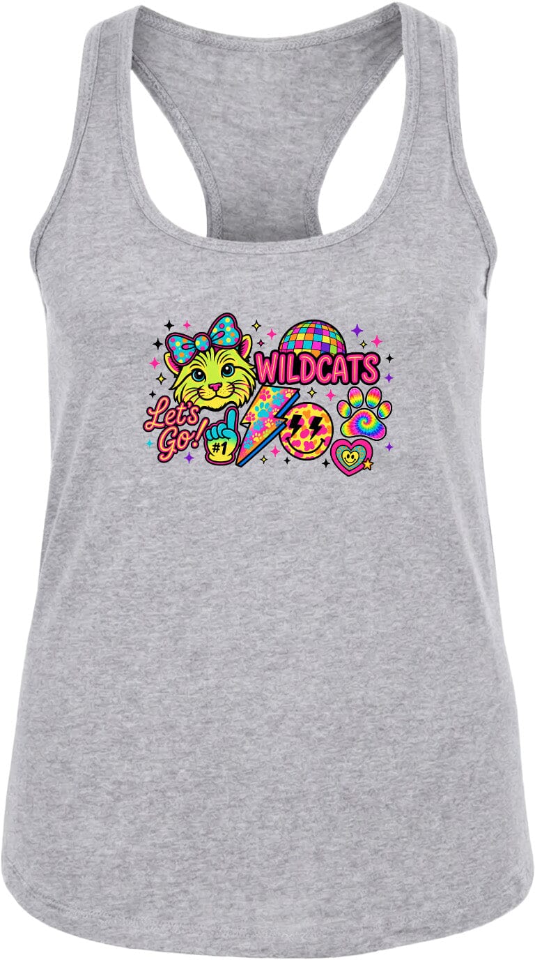 A gray tank top with a colorful graphic design featuring a cat, a peace sign, and the text "Wildcats" along with a rainbow-colored background.