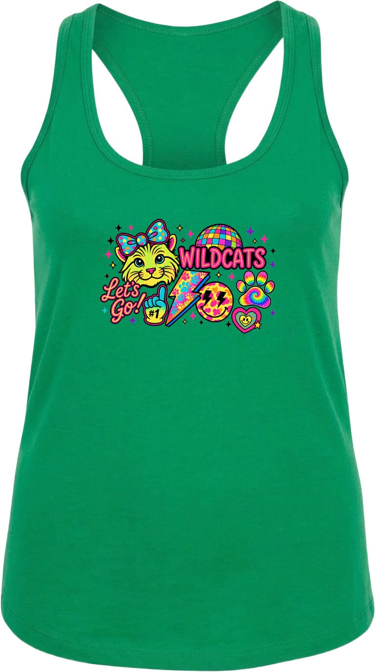 A green tank top with a colorful graphic design featuring a cat, a rainbow, and the text "Wildcats" along with a peace sign.