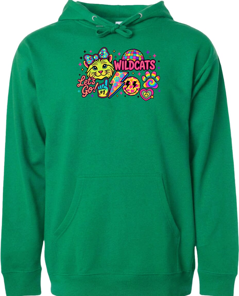 A bright green hoodie with a colorful graphic design featuring a cartoon cat, a rainbow, and various other elements.