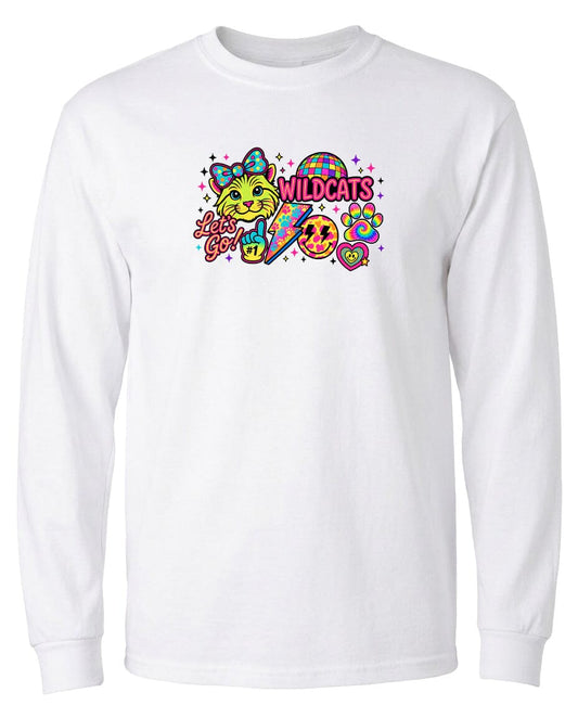 A white long-sleeved t-shirt with a colorful graphic design featuring a cat, a smiley face, and various other elements.