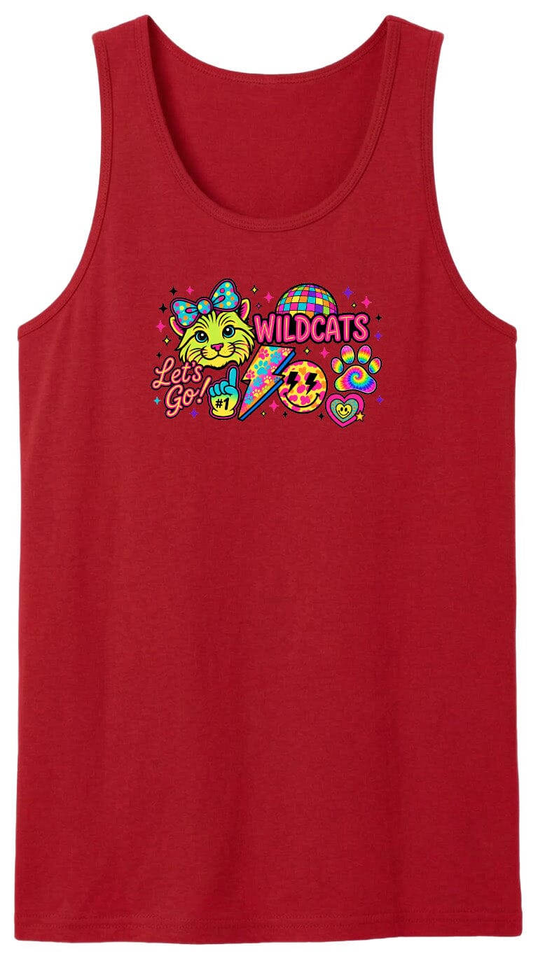 A red tank top with a colorful graphic design featuring a cartoon cat, a lightning bolt, and the text "Let's Go" along with a smiling face.