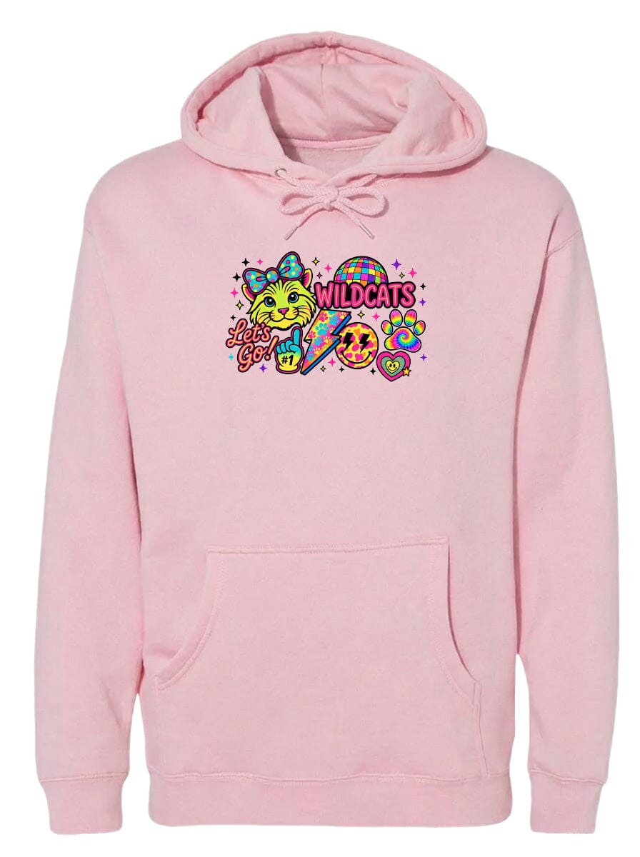 A pink hoodie with a colorful graphic design featuring a cartoon character and the text "Wildcats" printed on it.