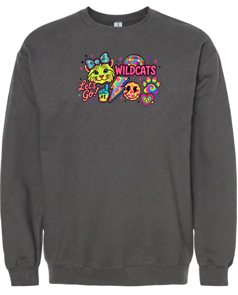 A gray sweatshirt with a colorful graphic design featuring a cat, a rainbow, and various other elements.