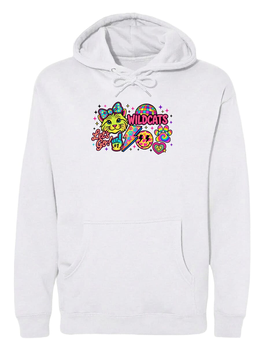 A white hoodie with a colorful graphic design featuring a cartoon character, a cat, and various other elements.