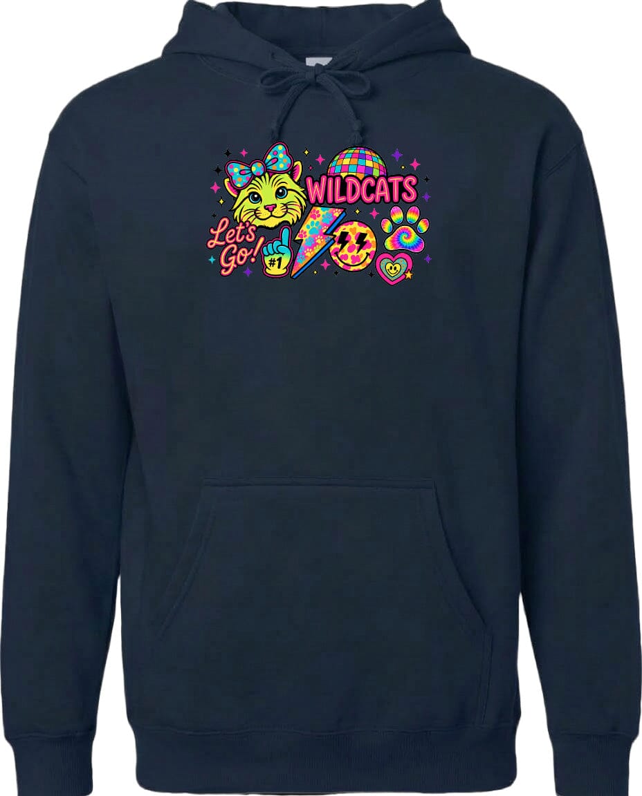 A hoodie with a colorful graphic design featuring a cat, a rainbow, and various other elements.