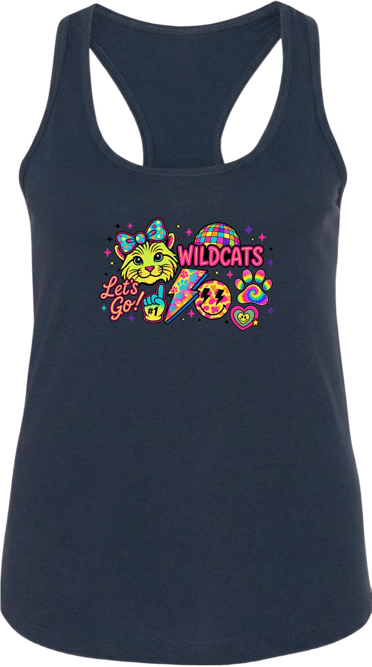 A black tank top with a colorful graphic design featuring a cat, a peace sign, and the text "Wildcats" along with a rainbow-colored lightning bolt.