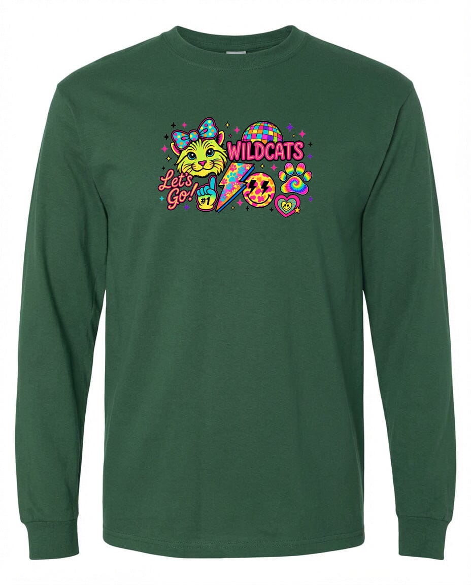 A green long-sleeved shirt with a colorful graphic design featuring a cat, a rainbow, and various other elements.