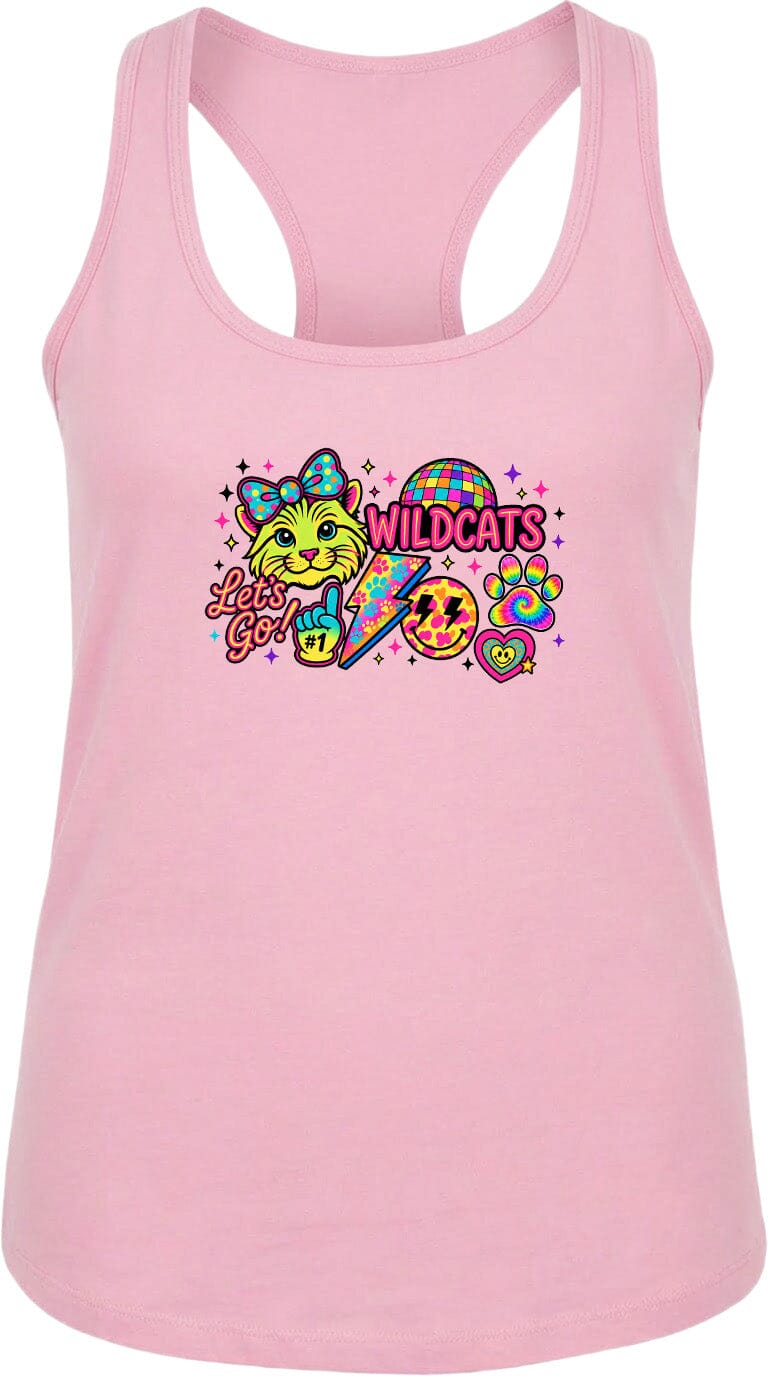 A pink tank top with a colorful graphic design featuring a cat, a disco ball, and the text "Wildcats" along with a peace sign.