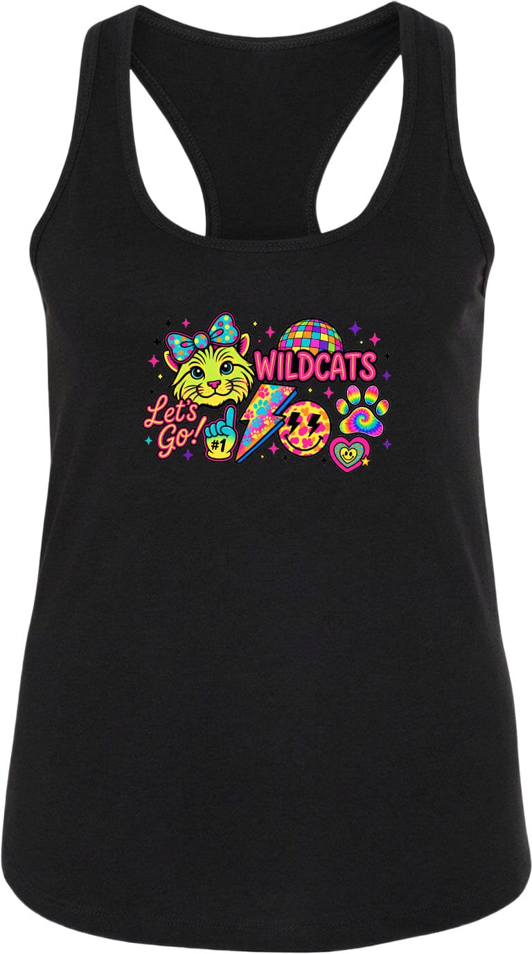 A black tank top with a colorful graphic design featuring a cat, a lightning bolt, and various other elements.