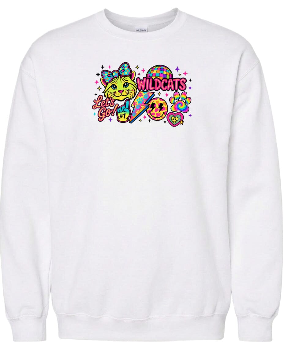 A white sweatshirt with a colorful graphic design featuring a cat, a rainbow, and various other elements.