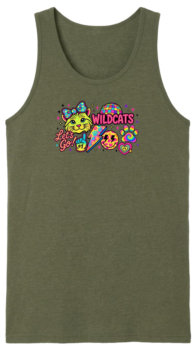 A green tank top with a colorful graphic design featuring a cartoon cat, a lightning bolt, and various other elements.