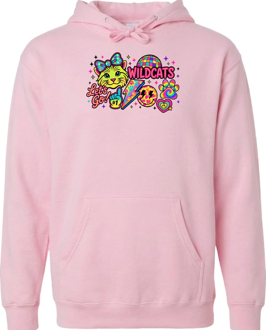 A pink hoodie with a colorful graphic design featuring a cat, a heart, and the text "Let's Go!"