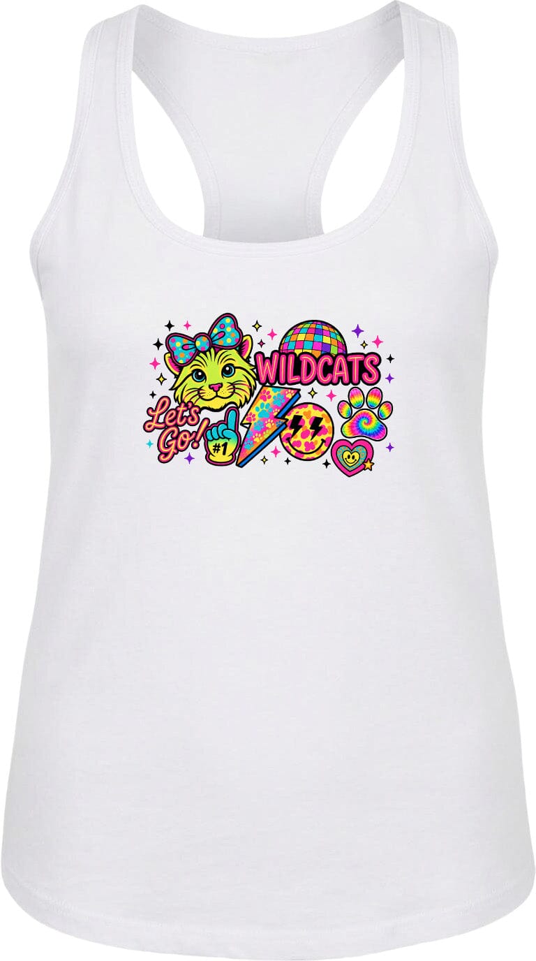 A white tank top with a colorful graphic design featuring a cat, a disco ball, and the text "WILDCATS" along with a peace sign.