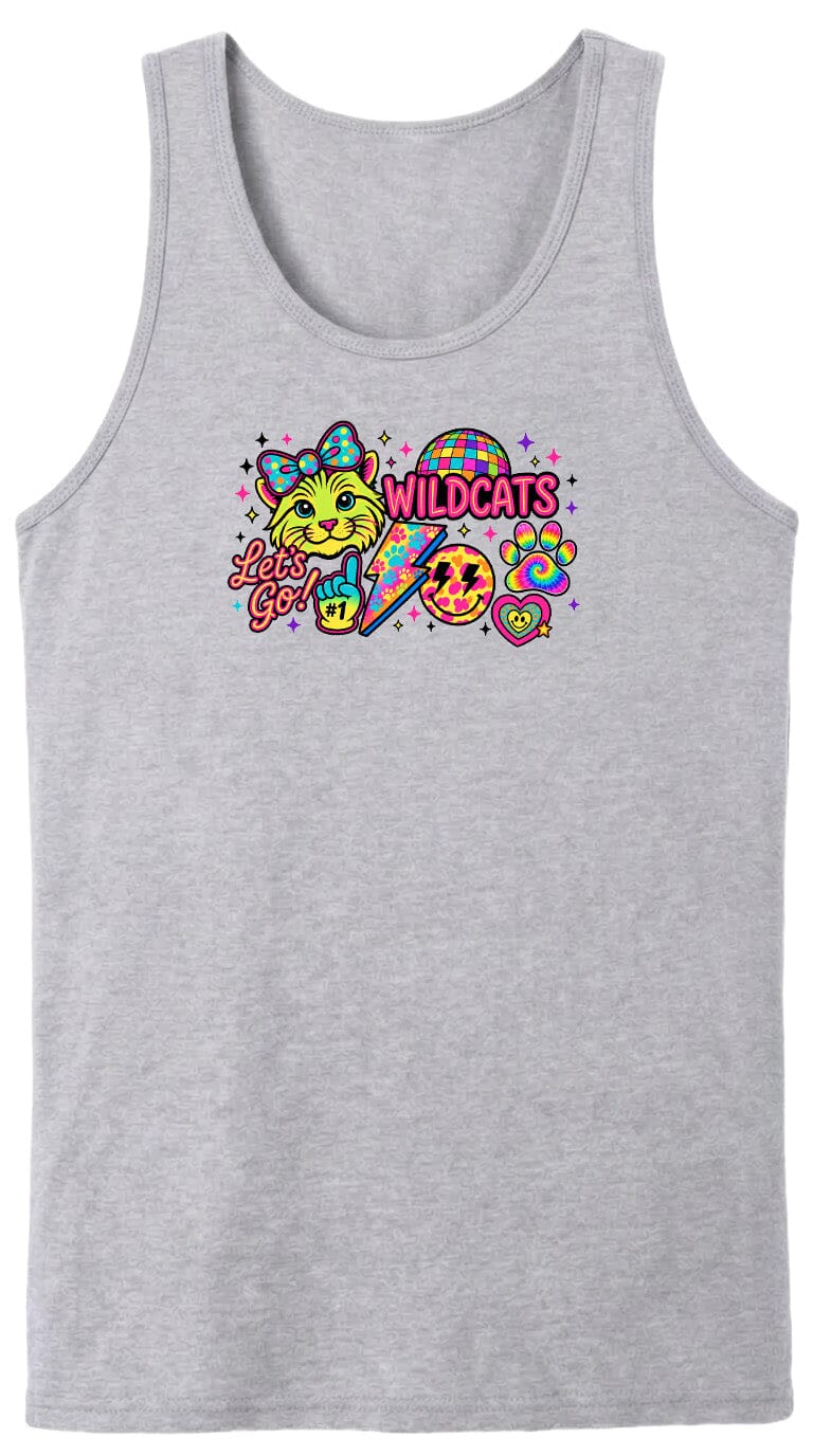 A gray tank top with a colorful graphic design featuring a cartoon cat, a lightning bolt, and various other icons.