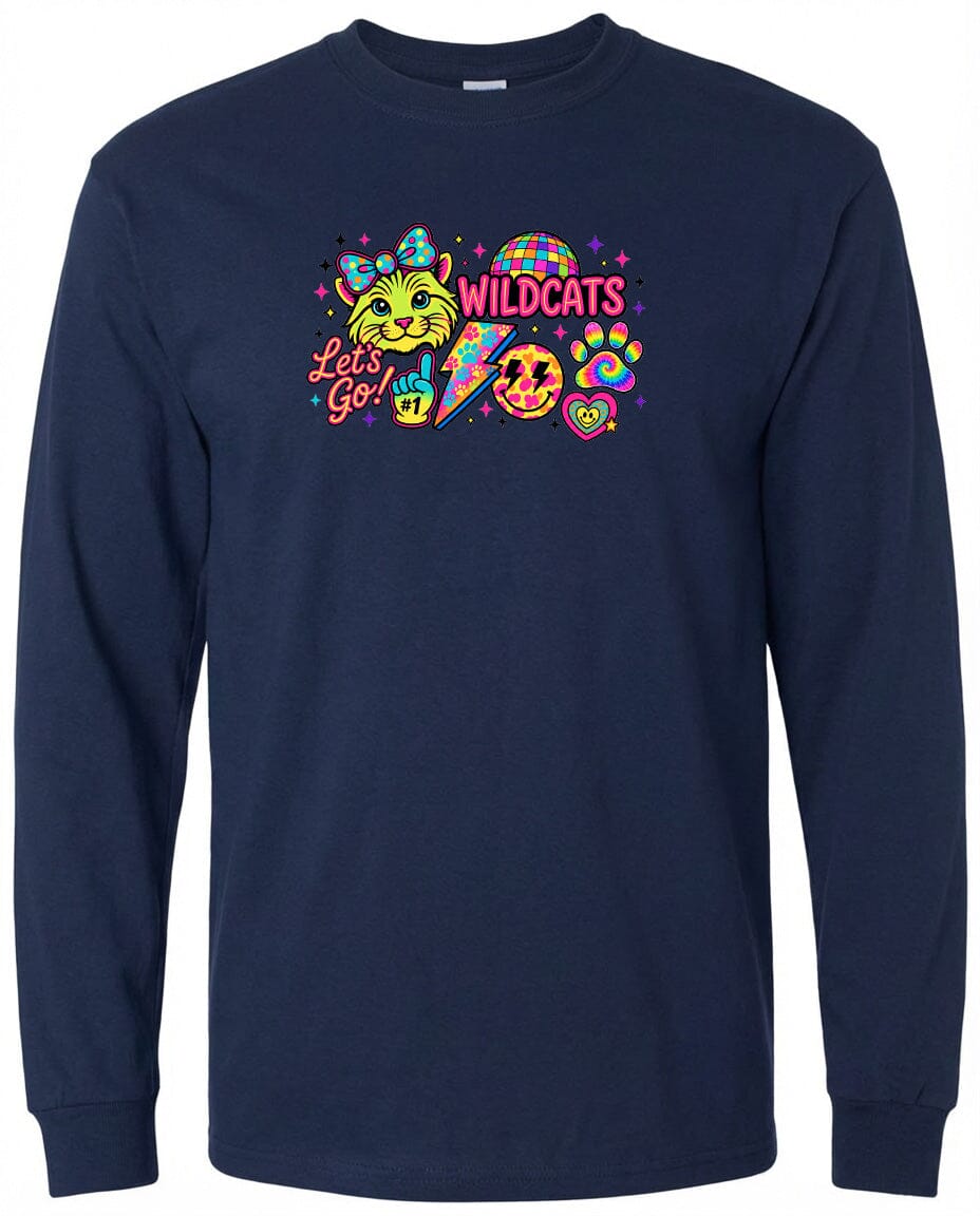 A navy blue long-sleeved shirt with a colorful graphic design featuring a cat, a rainbow, and various other elements.