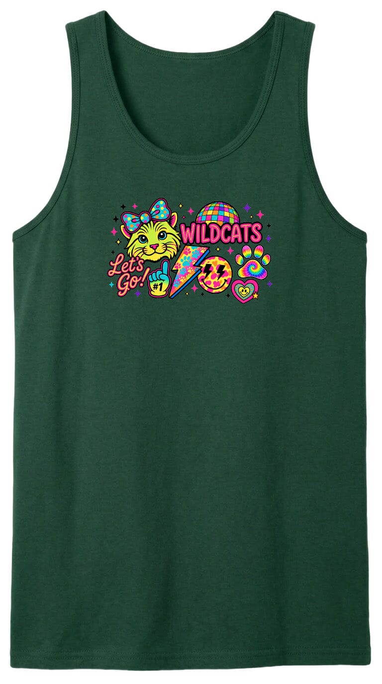 A green tank top with a colorful graphic design featuring a cartoon cat, a lightning bolt, and various other elements.