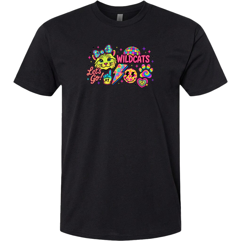 A black t-shirt with a colorful graphic design featuring a cat, a rainbow, and various other elements.