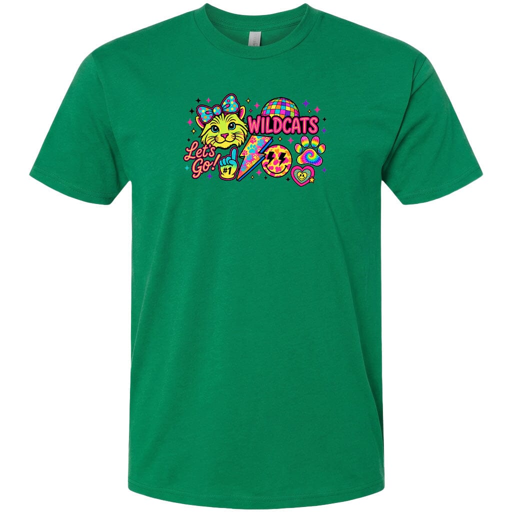 A green t-shirt with a colorful graphic design featuring a cat, a smiley face, and various other elements.