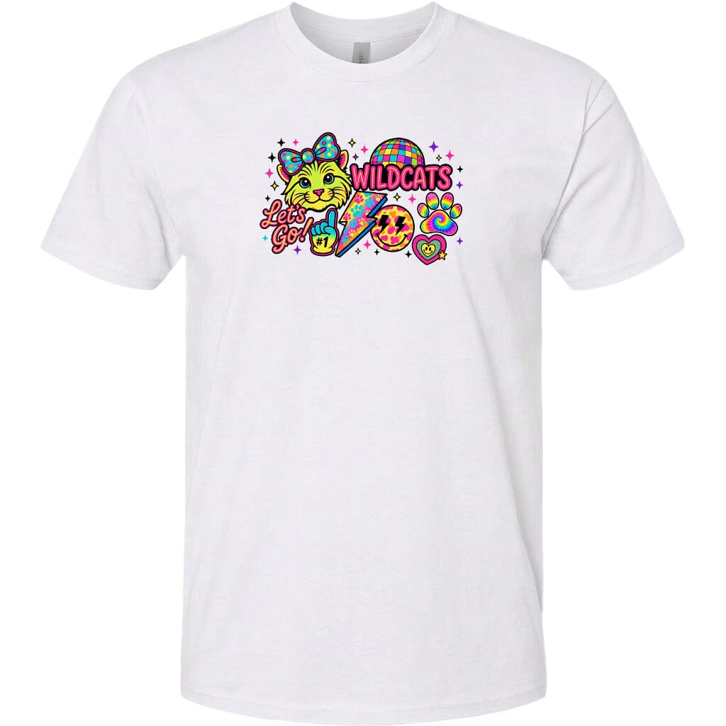 A white t-shirt with a colorful graphic design featuring a cat, a smiley face, and the text "Wildcats" along with a rainbow-colored background.