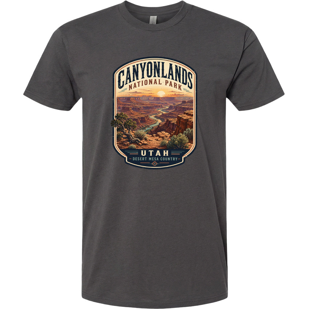 A gray t-shirt with a graphic design depicting the scenic landscape of Canyonlands National Park in Utah.