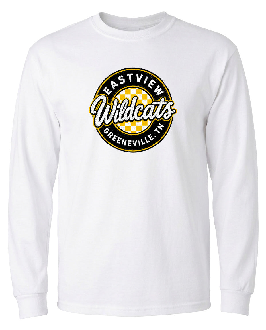 A white long-sleeved t-shirt with a circular logo on the front.