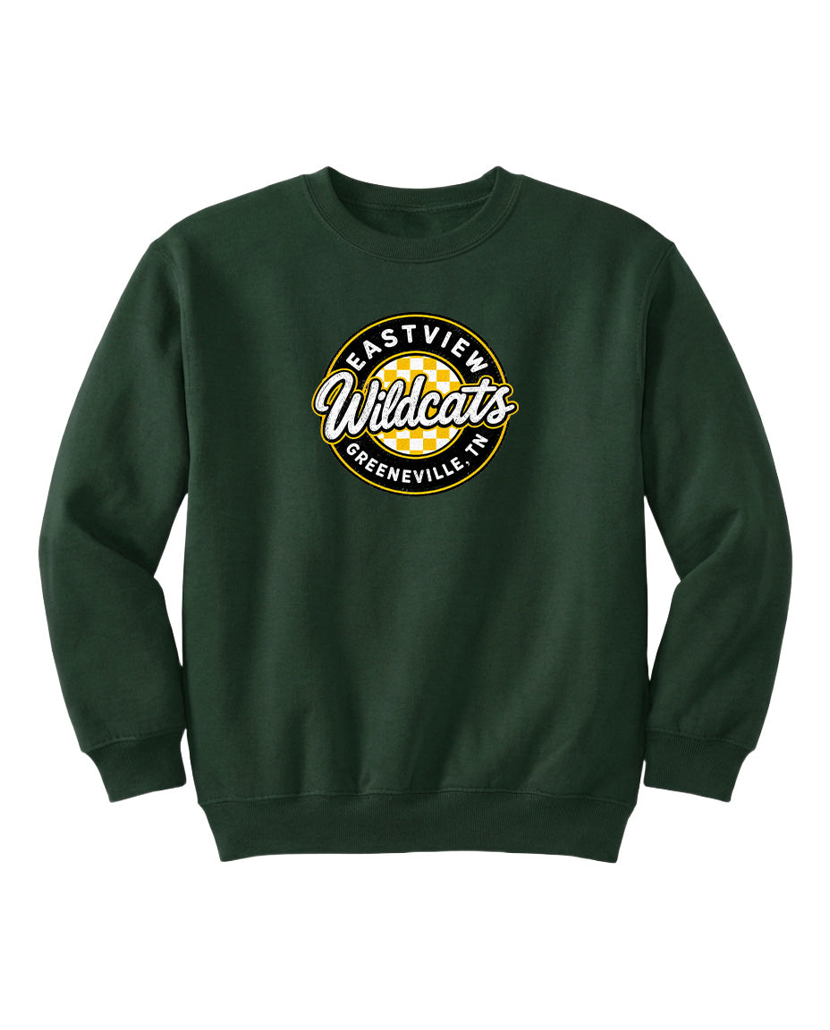 A dark green sweatshirt with a logo on the front.