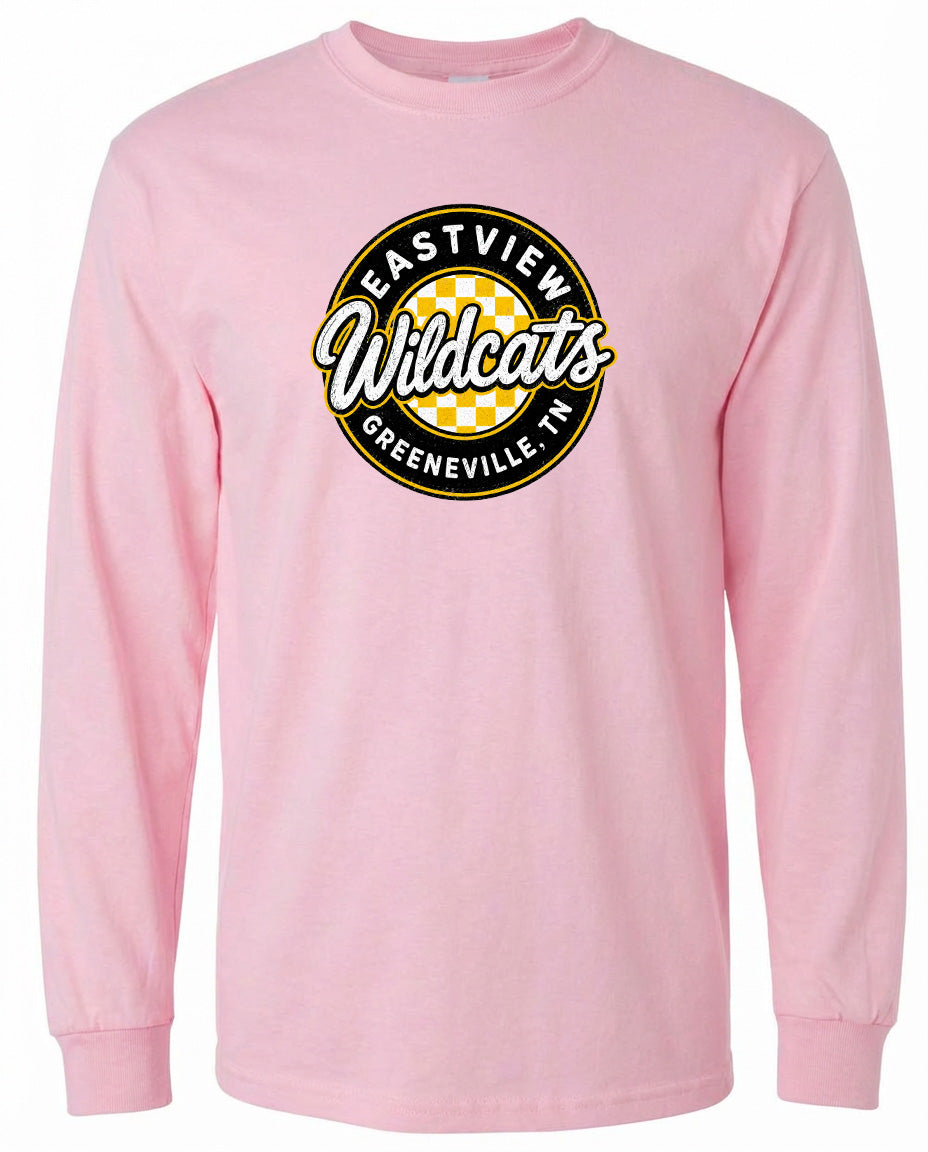 A pink long-sleeved t-shirt with a logo on it.
