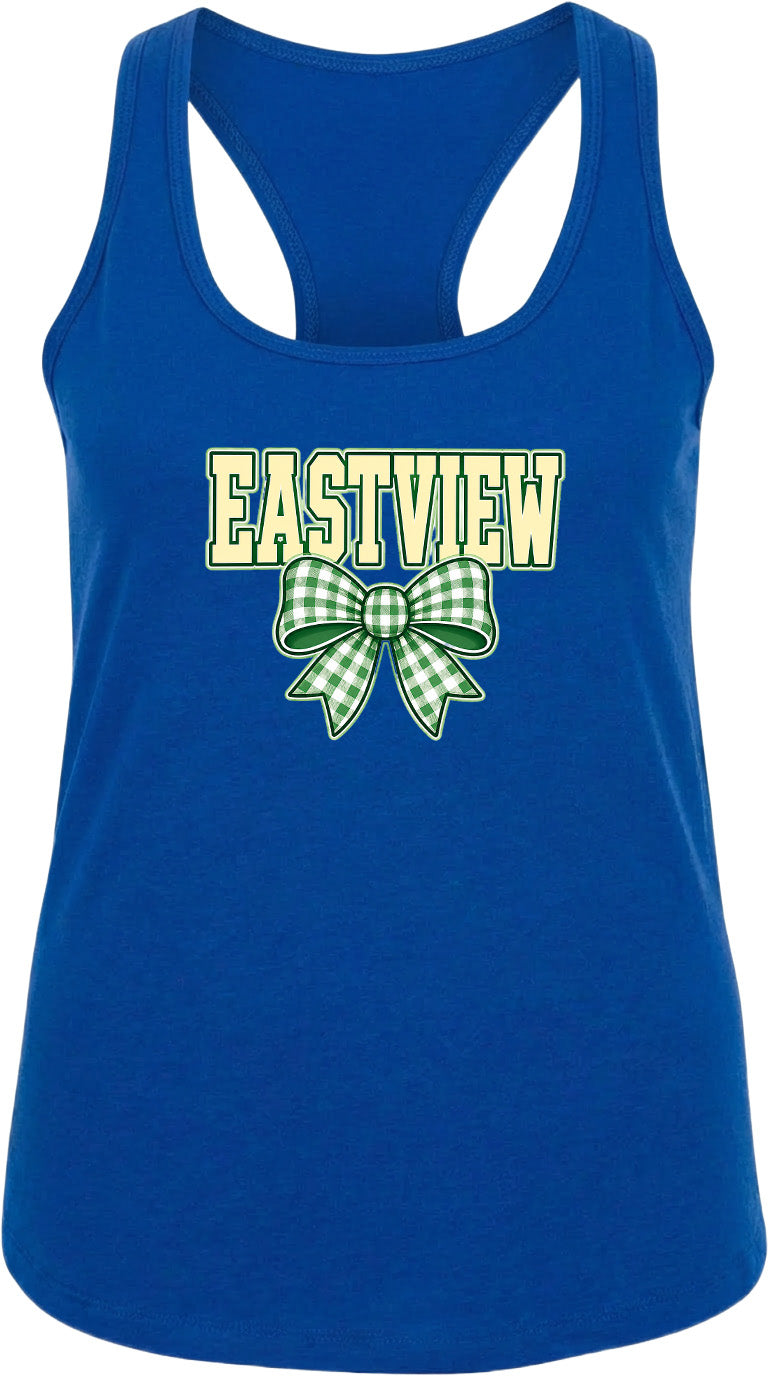 A blue tank top with the word "EASTVIEW" and a green bow printed on it.