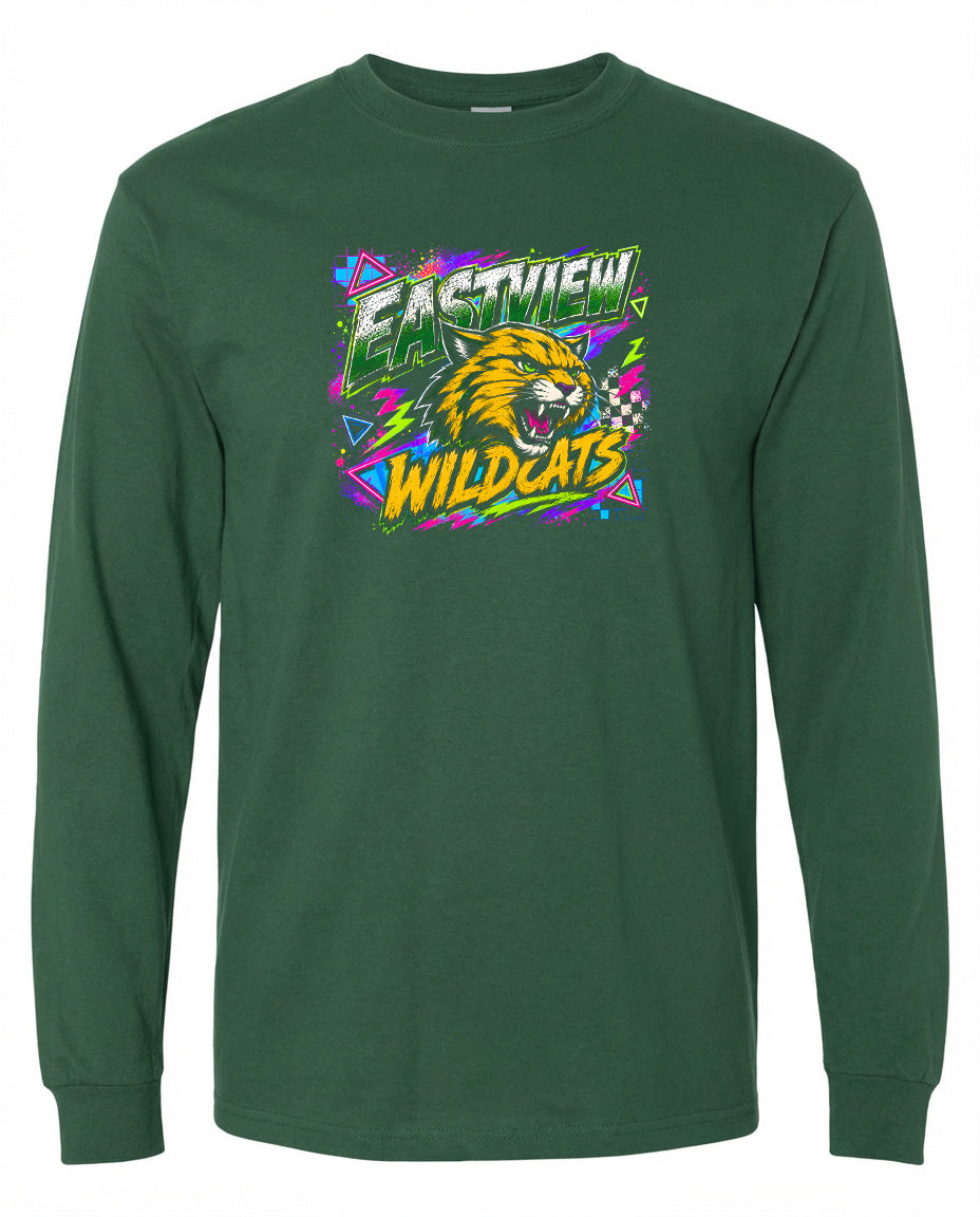 A long-sleeved green t-shirt with a graphic design featuring a cartoon-like wildcat's head and the text "EASTVIEW WILDCATS" in a colorful, retro-style font.