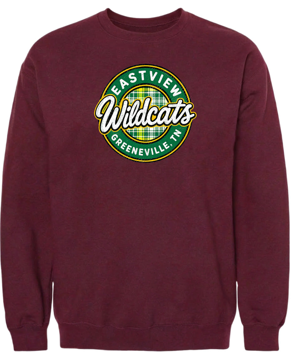 A burgundy sweatshirt with a circular logo that says "EASTVIEW Wildcats Greeneville, TN".