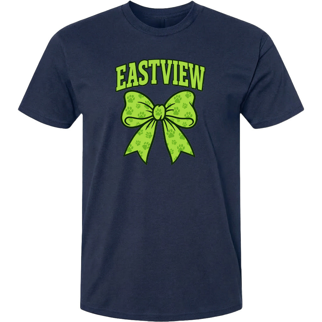 A navy blue t-shirt with a green bow and the word "EASTVIEW" printed on it.