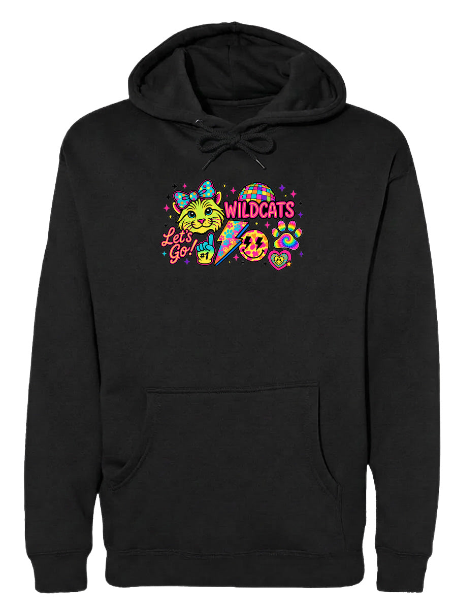 A black hoodie with a colorful graphic design featuring a cat, a smiley face, and the text "Wildcats" along with other whimsical elements.