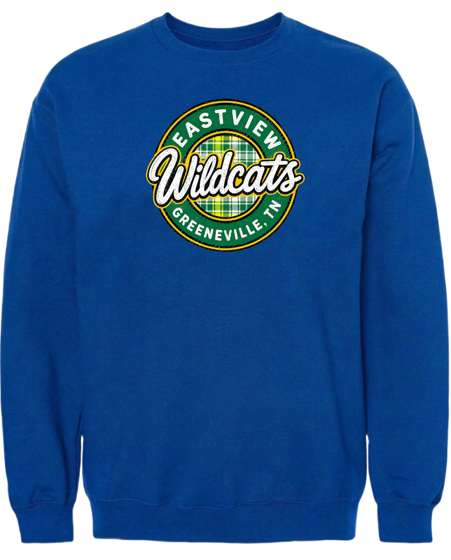 A blue sweatshirt with a circular logo that says "EASTVIEW WILDCATS GREENEVILLE TENN".