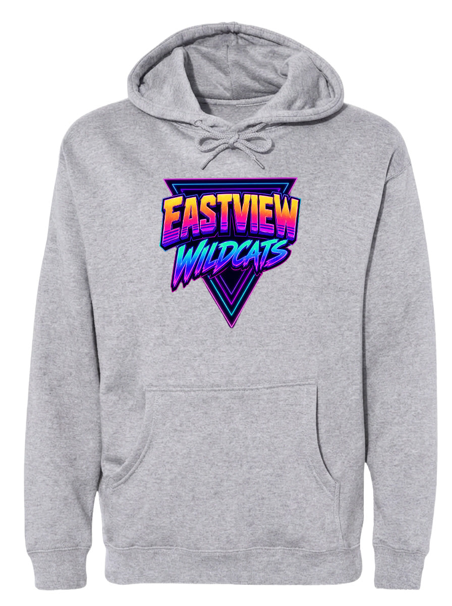 A gray hoodie with a graphic design featuring the text "EASTVIEW WILDCATS" in a colorful, retro-style font.