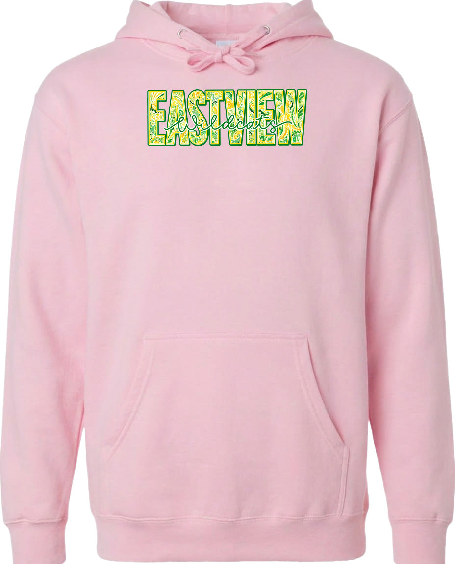 A pink hoodie with a graphic design on the front.