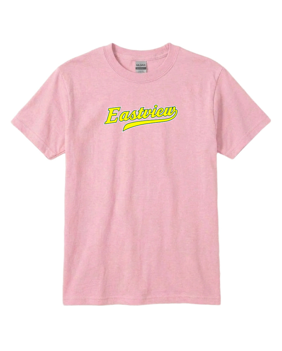 A pink t-shirt with the word "Eastview" printed in yellow on it.
