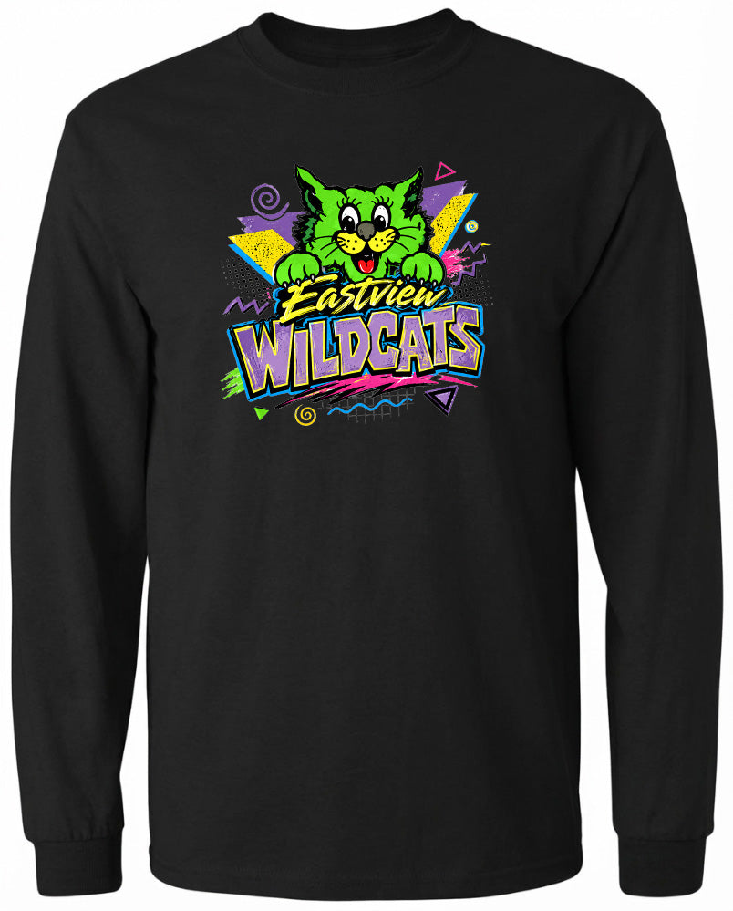 A black long-sleeved shirt with a colorful graphic design featuring a cartoon cat and the text "Eastview Wildcats".
